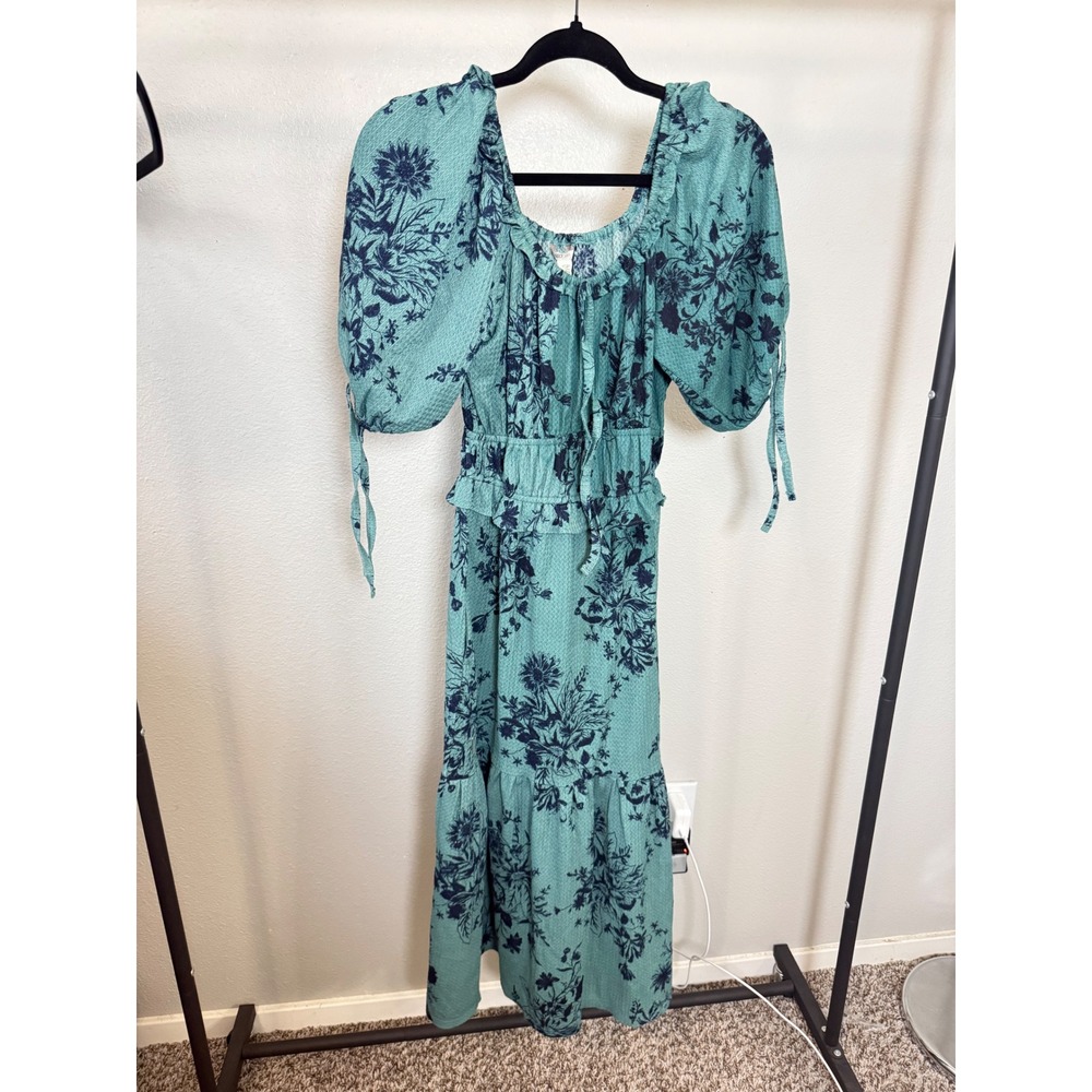Cato Teal Navy Floral Puff Sleeve Smocked Tiered Midi Dress XSP Petite